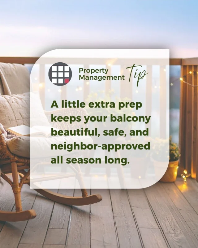 Summer nights in New England mean balcony relaxation! 🌅🍷 Here are some tips for a safe, HOA-friendly summer balcony:

✅ Secure Planters: Use approved railing brackets—never rest pots loosely on ledges.

💡 Outdoor-Rated Lights: Opt for warm-white, battery or solar-powered lights that don't require indoor extension cords.

🌬️ Secure Umbrellas: Always close and tie down market umbrellas when not in use.

🤫 Mind the Chimes: High-floor wind chimes can easily keep neighbors awake when windows are cracked open on cool summer nights!

A little extra prep keeps your balcony beautiful, safe, and neighbor-approved all season long.

 

#CrowninshieldManagement #HOAManagementMA #CondoLivingMA #BostonHOA #SummerLiving #PropertyManagementMA #NewHampshireHOA #PropertyManagementNH